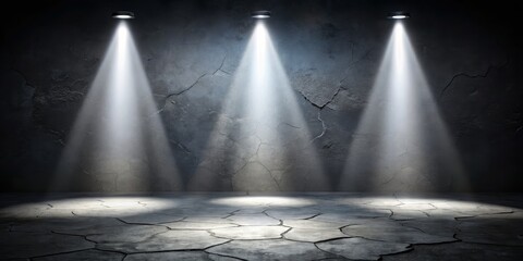 Three Spotlights Illuminate Cracked Concrete Floor, spotlight, concrete, texture, backdrop , stage lighting