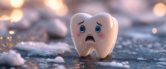 Sad tooth character with water droplets on icy surface for dental sensitivity and cold weather oral health awareness concept