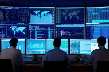 Business professionals analyzing global data, working in control room, surrounded by monitors, technology concept