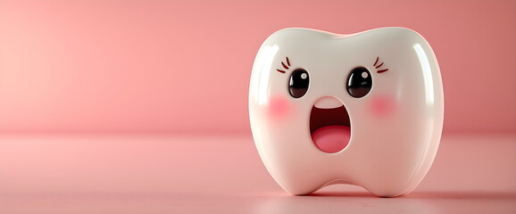 Fototapeta premium Surprised tooth character with rosy cheeks on pink background for dental care and oral hygiene concept in children's dentistry. Banner with copy space