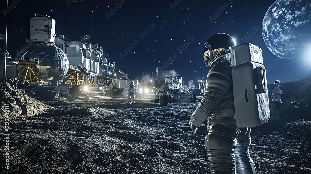 Poster astronaut standing on lunar surface with space station in background