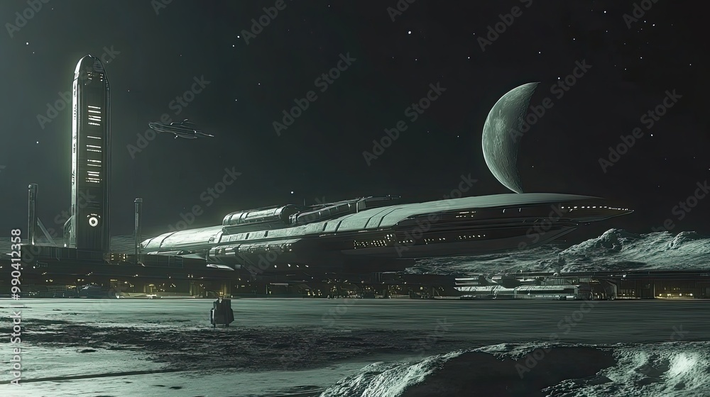 Wall mural spaceship docked at lunar base with a crescent moon in the background