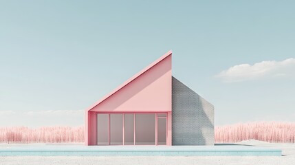 A softly rendered 3D building in pink clay with gray brick accents and a pastel blue roof. The clean, symmetrical design highlights minimalist architecture.