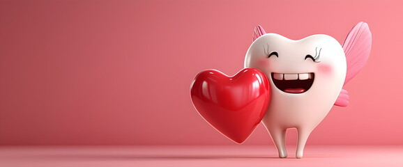 Joyful tooth fairy character holding red heart on pink background for Valentine's Day dental care and love your teeth concept. Banner with copy space