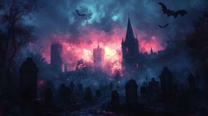 A haunting graveyard with a church in the distance under a blood red sky. .
