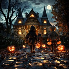 Children trick-or-treating on Halloween night, walking towards a spooky, decorated house with glowing jack-o'-lanterns and a full moon.