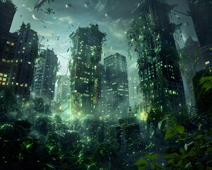 Obraz premium Futuristic Dystopian Alien Flora Overtaking Abandoned Urban Landscape