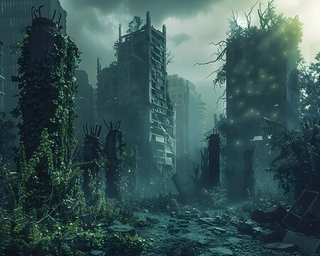 Alien Flora Overtaking Desolate Urban Ruins in Dystopian Sci Fi Landscape