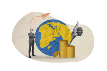 3d abstract creative artwork template collage of confident businessman planet earth international business thumb up planet earth money