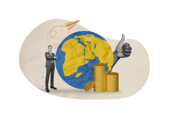 3d abstract creative artwork template collage of confident businessman planet earth international business thumb up planet earth money