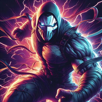 Epic Anime MC in a Ghost Mask with Lightning and Flame Effects &ndash; Perfect for T-Shirts, Posters, Music Covers, YouTube Thumbnails, Print-on-Demand, Wallpaper , and Artistic Backgrounds