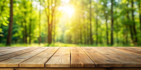 Fototapeta premium Wooden Tabletop with Blurred Forest Background, Product Display, Mockup , Nature , Summer , Green