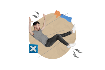 Artwork magazine collage picture of unhappy guy getting dislikes falling down isolated drawing background