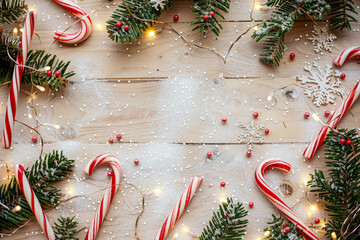 Top view border from candy canes, spruce and lights on the wooden background. New year backdrop with copyspace