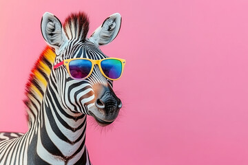 Image of a zebra head with colored mane and fur, wearing sunglasses on a pink background.