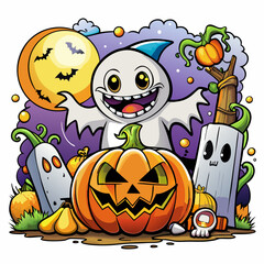 Hand-Drawn Happy Halloween Cartoon Clipart | Vector Illustrations on White Background