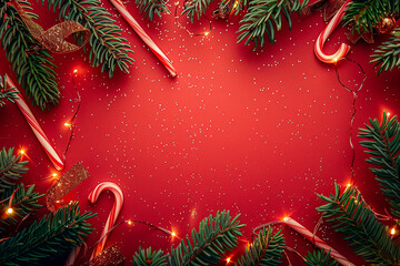 Top view border from candy canes, spruce and lights on the wooden background. New year backdrop with copyspace
