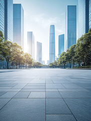 Fototapeta premium A modern city square, with skyscrapers in the background, a clear sky, and daylight