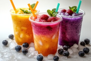 Three Colorful Smoothies with Ice and Berries