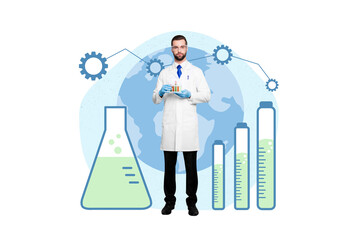 Magazine poster collage of experienced doc scientist inventing corona virus antidote standing on painted background