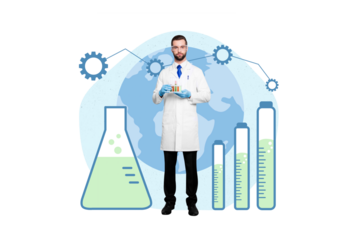 Magazine poster collage of experienced doc scientist inventing corona virus antidote standing on painted background