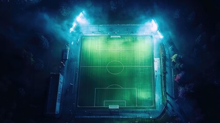 Aerial view of a football field at night, with bright stadium lights illuminating the lush green grass and modern stadium architecture. The vibrant sports scene is in full swing.