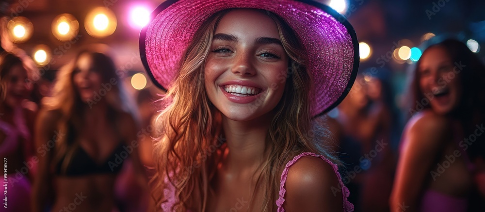 Sticker Smiling Woman in a Pink Hat at a Party