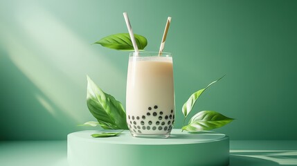 Bubble milk tea advertisement with leaves elements on summer background,Bubble milk tea ads with pouring milk,delicious tapioca,3d illustration,menu restaurant poster.