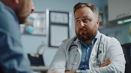 Fototapeta premium Supportive doctor soothing a worried patient, discussing test result in emergency room. Compassionate physician supporting stressed patient