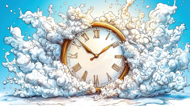 Surreal clock surrounded by vibrant splashes of blue and white, representing the flow of time.