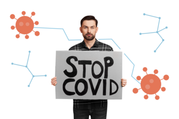 Poster collage of guy hold paper with stop covid text demonstrate corona fight isolated on painted blue color background