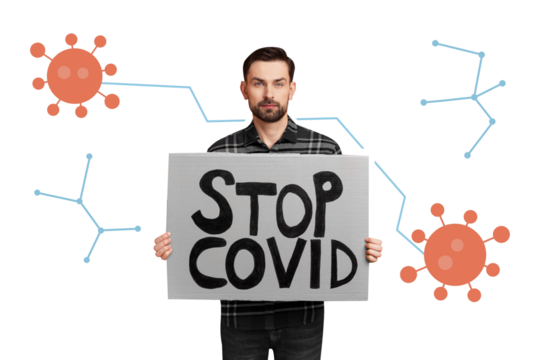 Poster collage of guy hold paper with stop covid text demonstrate corona fight isolated on painted blue color background