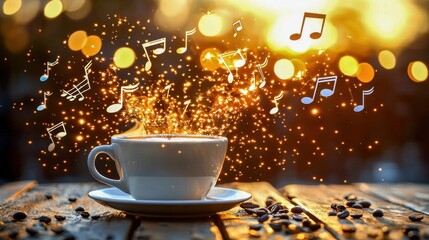Obraz premium A cozy cup of coffee emits musical notes and sparkling particles, creating a warm and inviting atmosphere for relaxation.