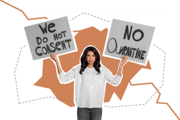 Collage advert lady rebellion fight against constant covid quarantine isolated on red orange color background