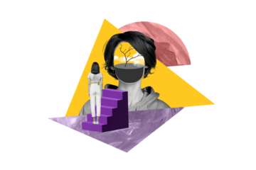 Creative trend collage of young female faceless head stairs scenery psychotherapy therapy session imagine dreamy bizarre unusual fantasy