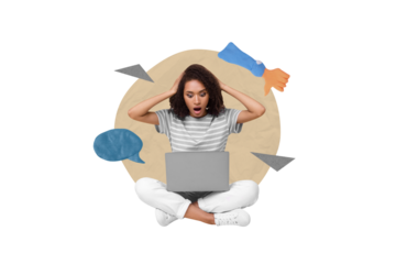 Collage picture photo artwork sketch poster of afraid scared worried nervous girl reading negative comments isolated on drawing background