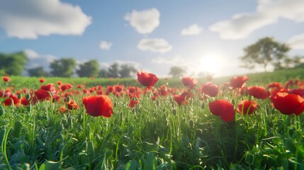 Vibrant Red Poppies in a Sunlit Field