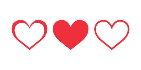 Set of different shaped red heart icons. Vector hearts outline. Red heart love symbols buttons isolated on white background
