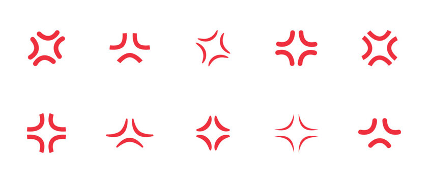 Red anime anger symbol collection. Angry anime icon set. Vector illustration