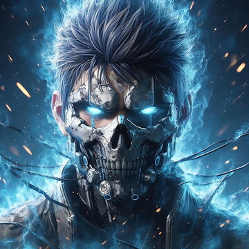 Epic Anime MC in a Ghost Mask with Lightning and Flame Effects &ndash; Perfect for T-Shirts, Posters, Music Covers, YouTube Thumbnails, Print-on-Demand, Wallpaper , and Artistic Backgrounds
