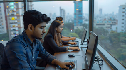 Team of Talented Young Indian Professionals Working in Corporate Hedge Fund. Financial Analysts and Managers Working on Computers in a South Asian Business Office with Scenic City