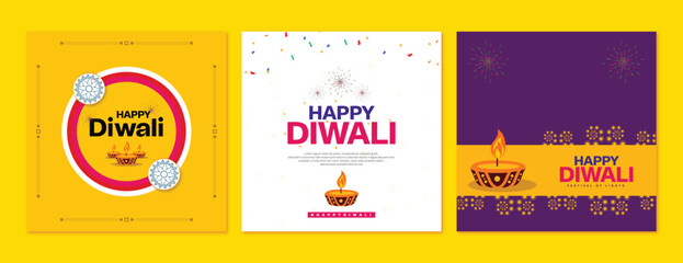 Happy Diwali three colour background design with flat oil lamp and light decoration wishing or greeting post or banner design vector file