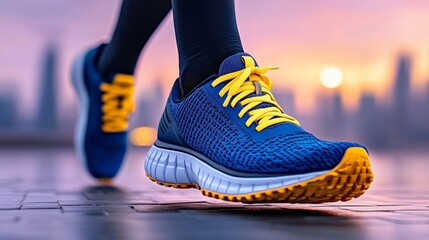 Runner's Focus: Close-up of a runner's feet in blue and yellow running shoes, capturing the determination and energy of a morning workout against a vibrant city skyline at sunrise.  