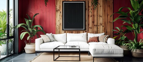 Crimson-walled living room, black poster frame, white sectional sofa, wooden decor, vibrant green plants,