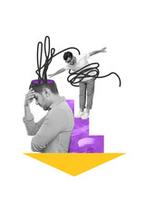 Vertical creative collage image of sad unhappy depressed stressed man despair thinking minded chaos mess mental health medicare