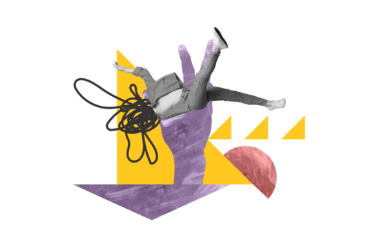 Picture collage image artwork of weird strange person fly air mental health concept solution dilemma isolated on painted background