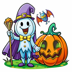 Fototapeta premium Halloween Themed Vector Design of Cute Anime Ghost with Pumpkin, Cute cartoon Halloween ghost with pumpkins , Spooky Halloween Logo Design and Wallpaper with Pumpkin on Black Background