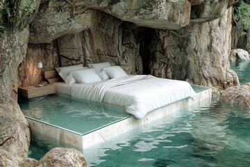 Enchanting outdoor nature bedroom with flowing natural spring pool