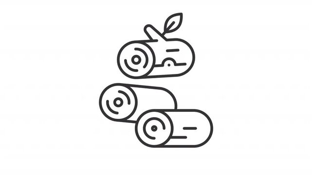 Animated logs icon. Falling logs line animation. Tree cutting. Timber wood. Forest management. Wood processing. Black illustration on white background. HD video with alpha channel. Motion graphic