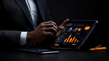 Businessman Analyzing Data: Close-up of a businessman's hands using a stylus to navigate a tablet displaying data graphs and charts. He's wearing a suit and the image is shot from a low angle.
